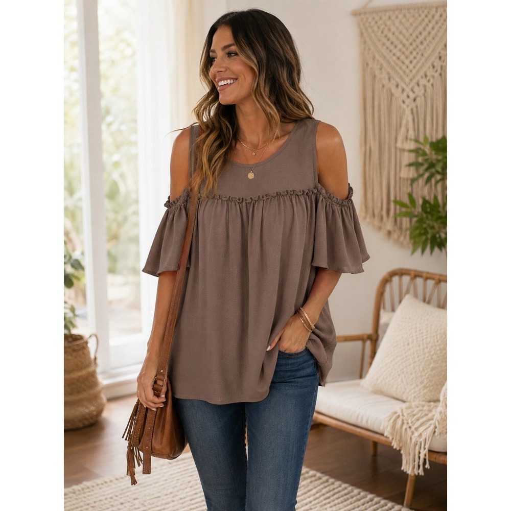 Andrée by Unit Womens Small Taupe Cold Shoulder Ruffle Flutter Sleeve Boho Tunic